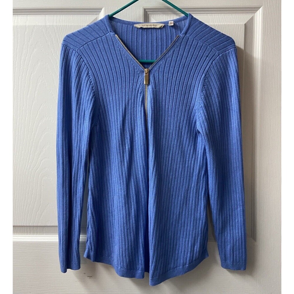 Soft Surroundings Ribbed Full Zip Sweater Womens Small Blue Viscose Long Sleeve